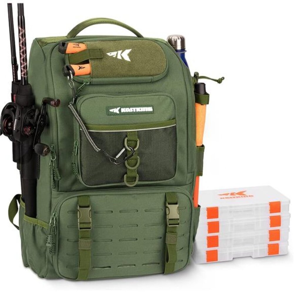 KastKing Karryall Fishing Tackle Backpack with Rod Holders 4 Tackle Boxes,40L